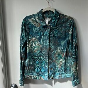 Cold water Creek Teal Patterned Denim Jacket